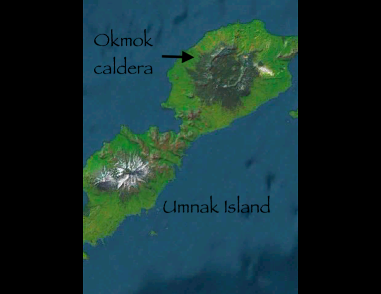 The crater from Mount Okmok’s eruption 2,000 years ago dominates Umnak Island in the Aleutians. From Google Maps.