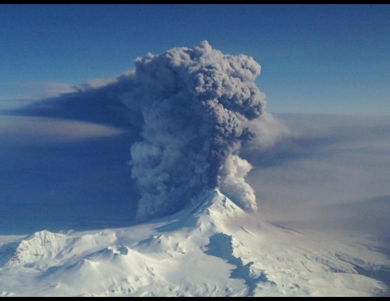 Pavlof Volcano on the Alaska Peninsula erupts in March 2016. Photo taken from a Coast Guard HC-130H based in Kodiak and commanded by Lt. Commander Nahshon Almandmoss.