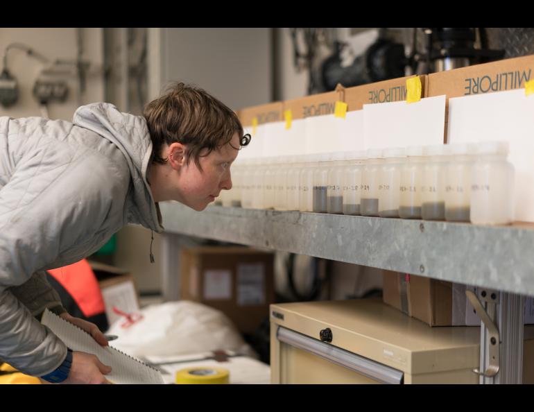 Steffi O’Daly looks at sea water samples from Bering Strait aboard the UAF research ship Sikuliaq. Photo by Andrew McDonnell.