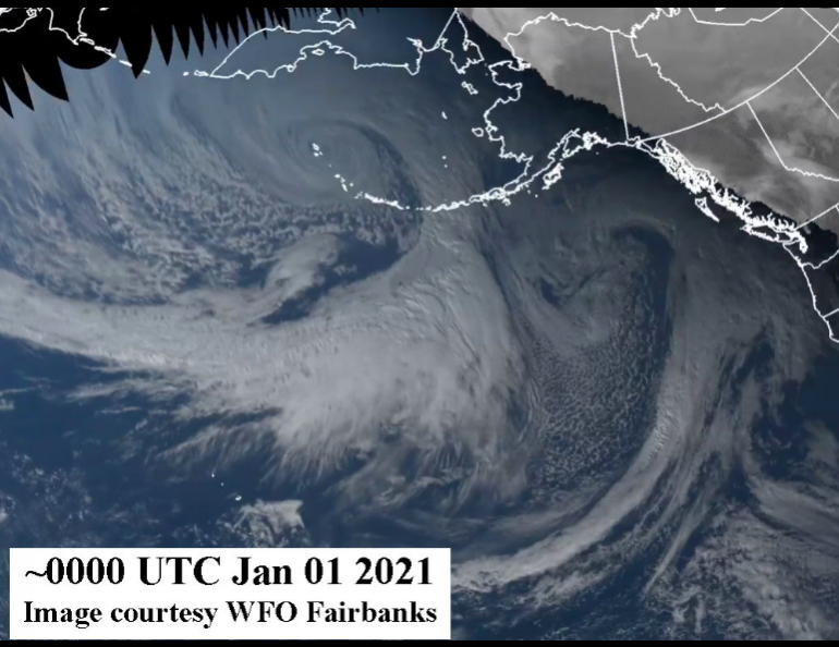An image of the New Year’s superstorm in the North Pacific Ocean and Bering Sea. Image courtesy National Weather Service Fairbanks Office. 