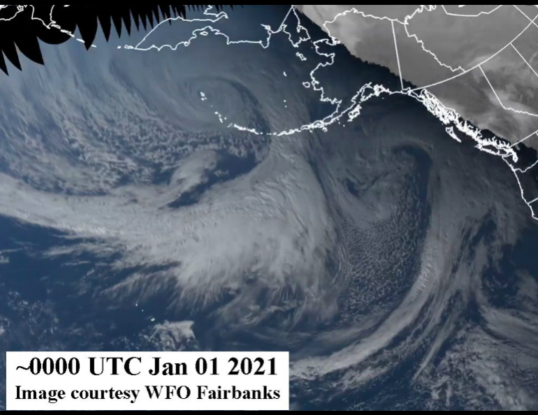 An image of the New Year’s superstorm in the North Pacific Ocean and Bering Sea. Image courtesy National Weather Service Fairbanks Office.