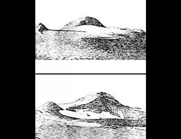 Photos of Mt. Wrangell in 1965 and 1976 showing the change in snow and ice.