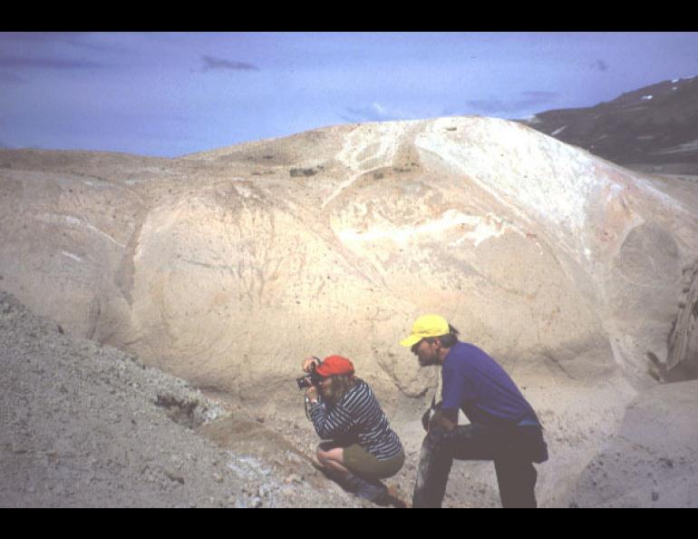 Rhiannon George of the University of Bristol and John Pallister of the U.S. Geological Survey check out ash layers in the Valley of Ten Thousand Smokes.