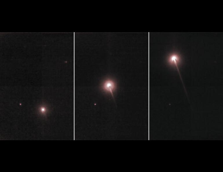 These three images, taken from Poker Flat Research Range north of Fairbanks, show a meteor entering Earth’s atmosphere during the Leonids meteor shower on Nov. 18, 2001. Images courtesy Hans Stenbaek-Nielsen.