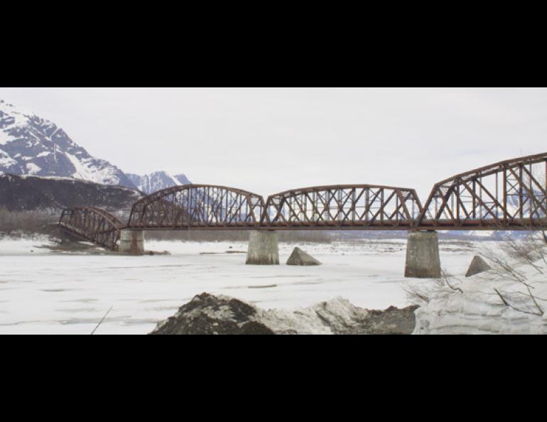 The Million Dollar Bridge, built for $1.4 million and completed in 1910, was the largest construction challenge of the Copper River and Northwestern Railway. The northern span fell in 1964 during the Good Friday Earthquake. photo by Ned Rozell.