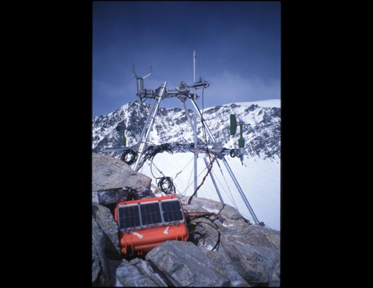 The weather station owned by the International Arctic Research Center installed above 18,000 feet on Mt. McKinley.