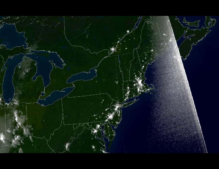  A satellite image of the northeastern U.S. taken by the Defense Meteorological Satellite Program on Aug. 14, 2003 at 9:03 p.m., when a blackout affected 50 million people. NOAA/DMSP image. 