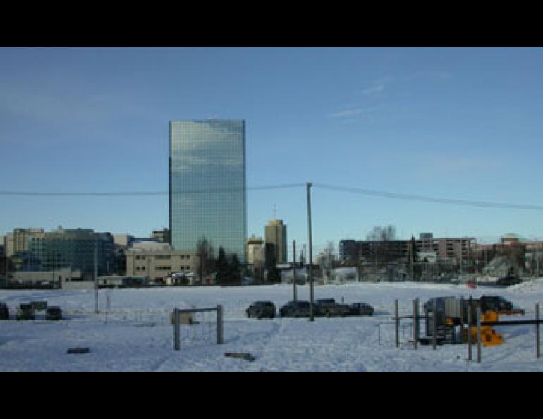 The Robert Atwood Building, 20 stories above Anchorage. Seismic instruments are placed throughout the building and in boreholes in nearby Delaney Park. Photo by Ned Rozell.