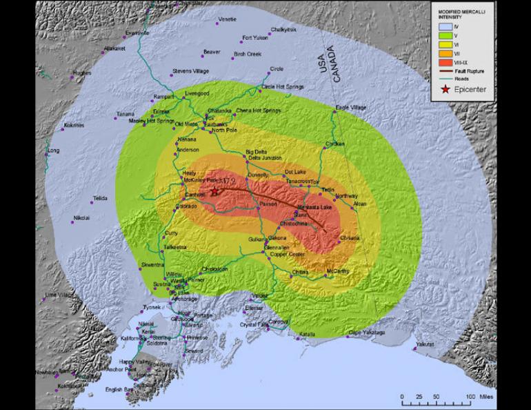  Image Courtesy of Artak Martirosyan, UAF Geophysical Institute An intensity map of the Denali Fault earthquake, a magnitude 7.9 that ripped through Alaska on Nov. 3. 2002. 