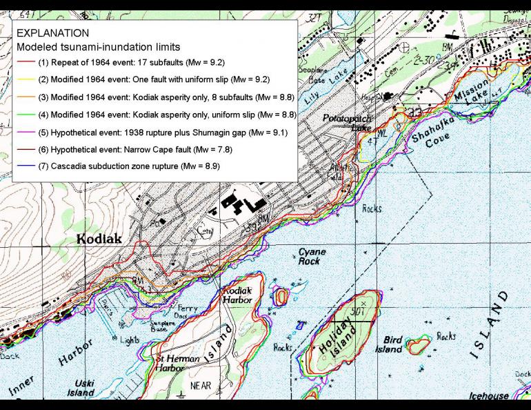Part of a tsunami inundation map for Kodiak produced by Alaska scientists. Image courtesy Elena Suleimani.