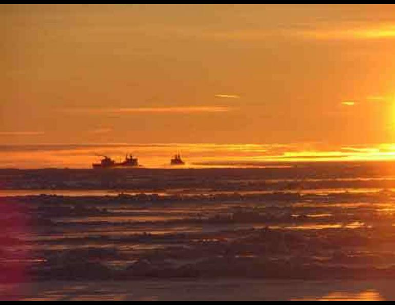 Russian nuclear-powered icebreakers open a path for cargo ships in the Laptev Sea in September 2004. This portion of the Arctic Ocean has much less ice this year. Photo by Sergey Kirillov, Arctic and Antarctic Research Institute, Russia. 