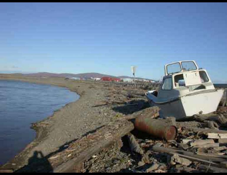  A storm surge in September 2005 left this boat high and dry along Nome's Snake River. Photo by Ned Rozell. 