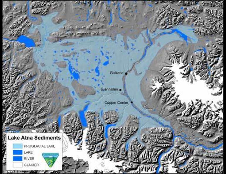  From about 30,000 to 10,000 years ago, Lake Atna, seen in blue, covered most of the Copper River Basin. Image courtesy John Jangala, BLM Glennallen. 