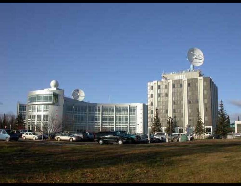 The Alaska Satellite Facility uses the 10-meter receiving antenna on top of UAF’s Elvey Building, at right, on the west ridge of the UAF campus. The building at left is the International Arctic Research Center. Photo by Ned Rozell.