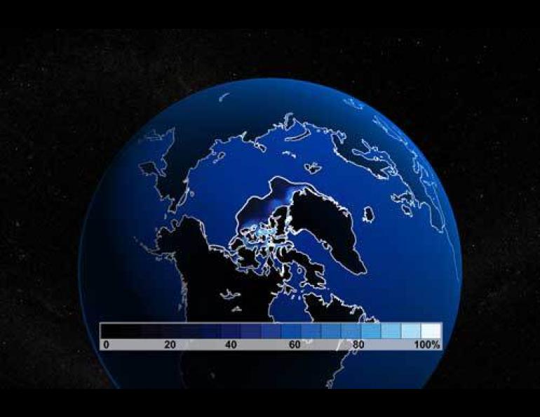Researchers at the National Center for Atmospheric Research created these images that show northern sea ice extent in summer 2000 and their modeled version of the year 2040, when sea ice is gone. Illustrations courtesy the University Corporation for Atmospheric Research.
