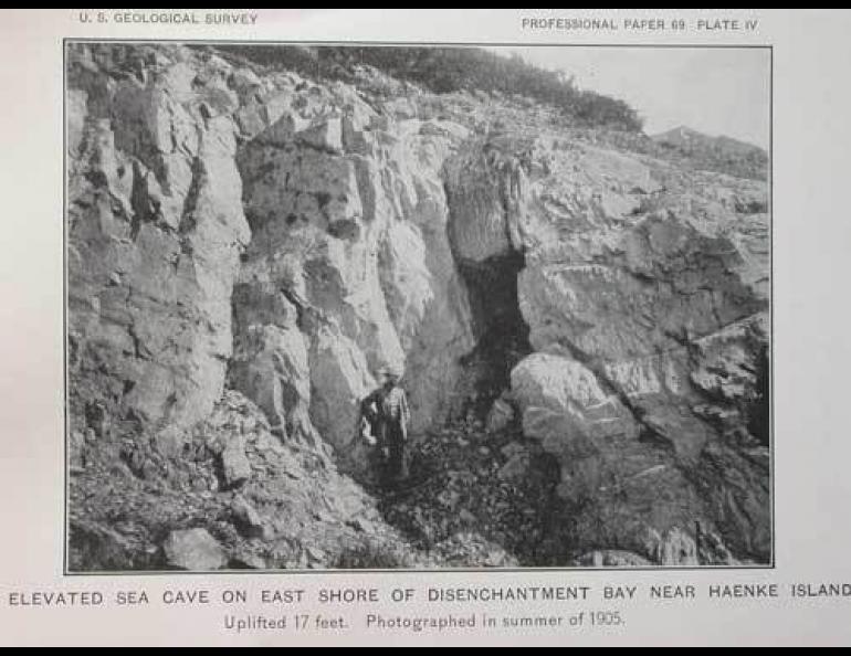 A photo showing shoreline uplifted during a massive 1899 earthquake near Yakutat. From the 1912 USGS paper, The Earthquakes at Yakutat Bay, Alaska in September, 1899.