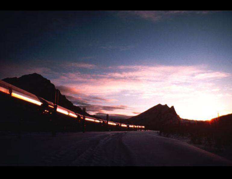 The trans-Alaska oil pipeline reflects the glow of a winter sunset. Photo courtesy Alaska Division of Community and Business Development.