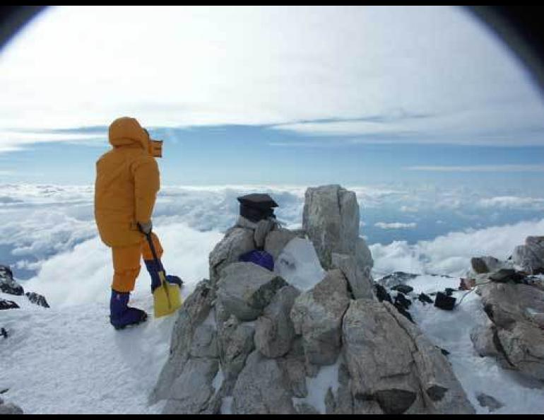 Fairbanks climber Yoshi Nishiyama at the site of the International Arctic Research Center’s weather station on Mount McKinley, situated at 18,733 feet on the mountain. Photo by Tohru Saito, International Arctic Research Center.