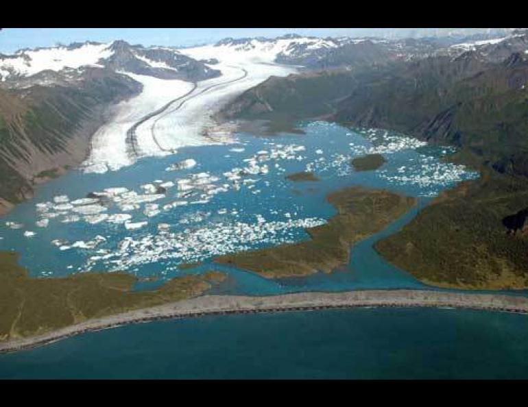  Bear Glacier on the Kenai Peninsula floating on a lake of its own creation, photographed in 2005. Photo by Bruce Molnia, USGS. 