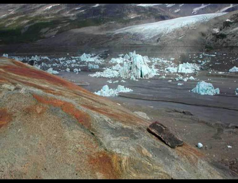  After holding water for centuries, Iceberg Lake in the Wrangell-St. Elias Mountains drained in 1999 and has lost its water every year since except 2001. Photo by Mike Loso. 