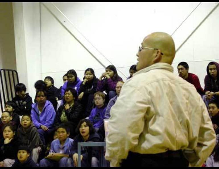 Permafrost scientist Kenji Yoshikawa speaks to students in Emmonak. Photo by Ned Rozell.