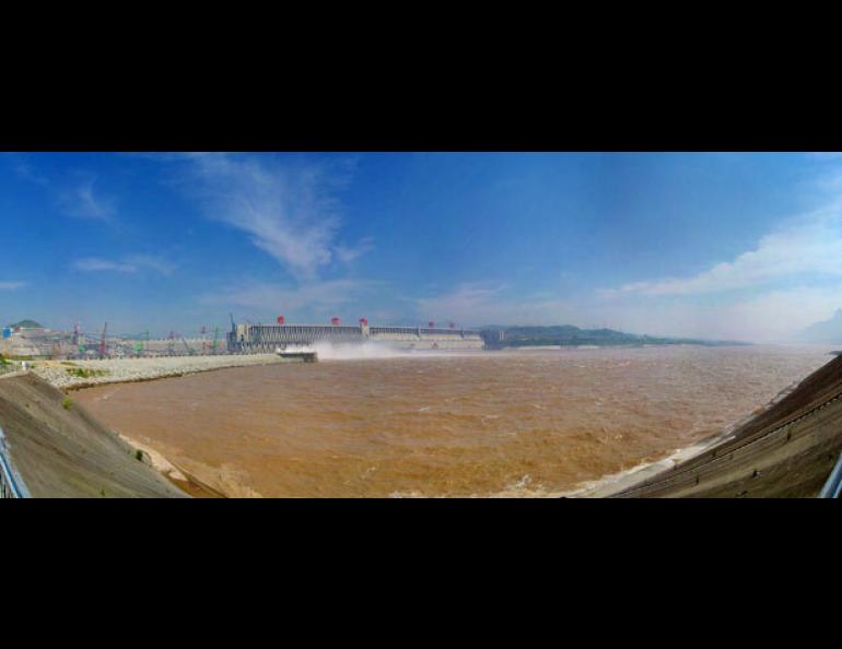  Three Gorges Dam in China. The concrete facing of the dam is one mile long. Three Gorges Dam promotional photo. 