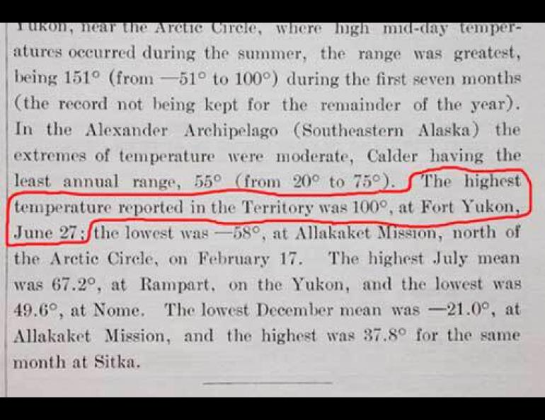  A mention of Alaska’s all-time high in the 1915 weather summary for Alaska. Photo by Ned Rozell. 