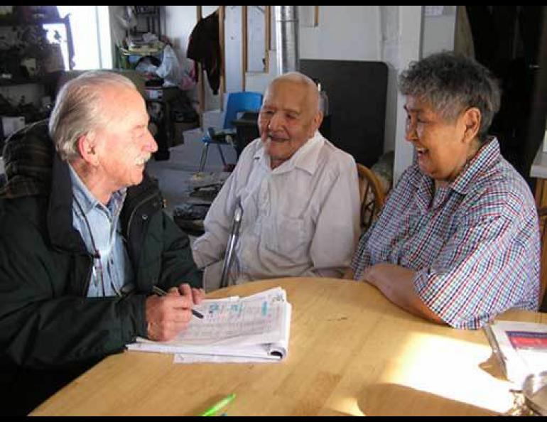  Medical researcher Sven Ebbesson, left, visits with Mary and Clarence Katchatag in Shaktoolik. Photo courtesy of Sven Ebbesson. 