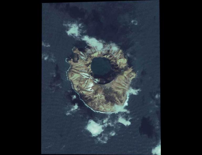  The former crater lake on Kasatochi Island in the Aleutians. Island overall shot created by Dave Schneider, copyright Digital Globe. 