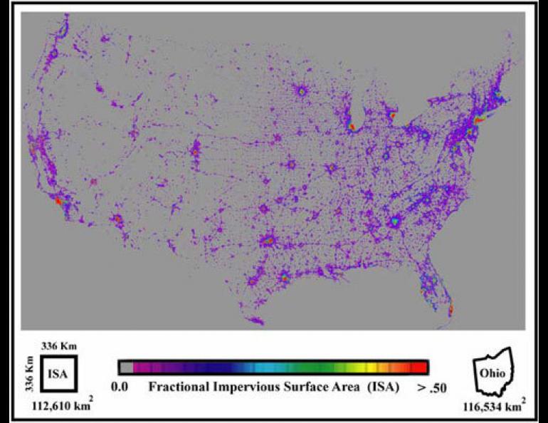 This map shows the percentages of ground surface covered with manmade materials, such as buildings, roads, parking lots and roofs. Image courtesy of Chris Elvidge, National Geographic Data Center.
