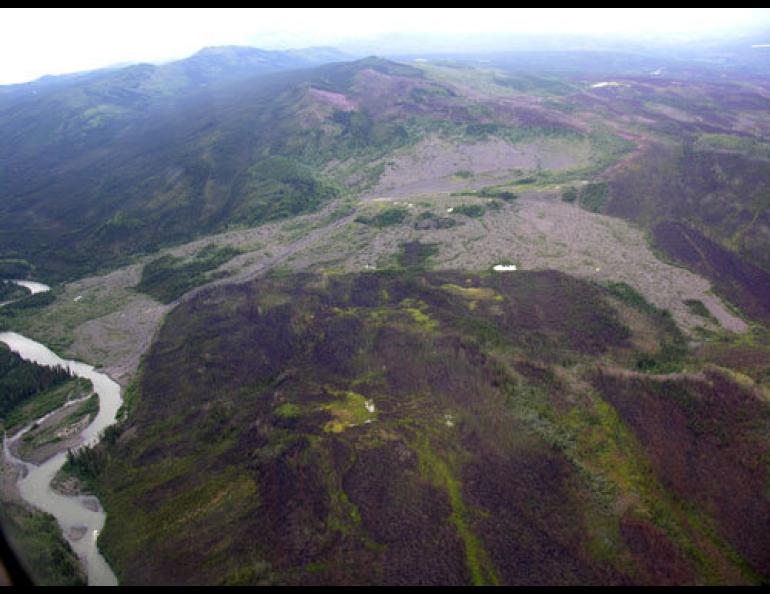 On the South MacMillan River in the Yukon Territory, the Surprise Rapids retrogressive thaw slump may have started flowing after a forest fire in the 1870s. Photo courtesy Panya Lipovsky.