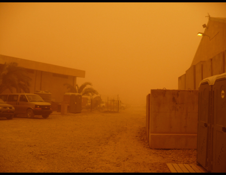 An Army camp in Baghdad during a sandstorm. Photos by Army Major Kevin L. Geisbert.