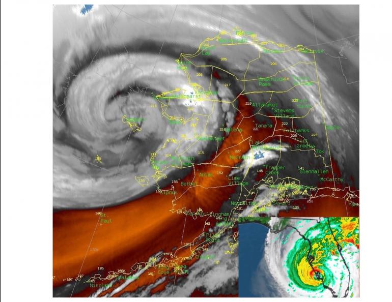 The storm named Merbok as it encountered the western Alaska coast on Sept. 17, 2022, compared to Hurricane Ian as it bore down on Florida on Sept. 28, 2022. Both states are sized to scale. Compiled from National Weather Service products.