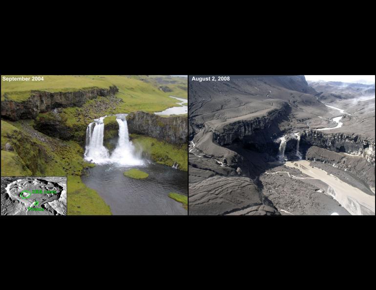 Janet Schaeffer of the Alaska Department of Natural Resources Geological and Geophysical Surveys took both these photographs of Crater Creek, the outflow stream from Okmok caldera. She took the second photo in 2008, after a modern eruption much smaller than the one in 43 BC. Photos by J. Schaeffer.