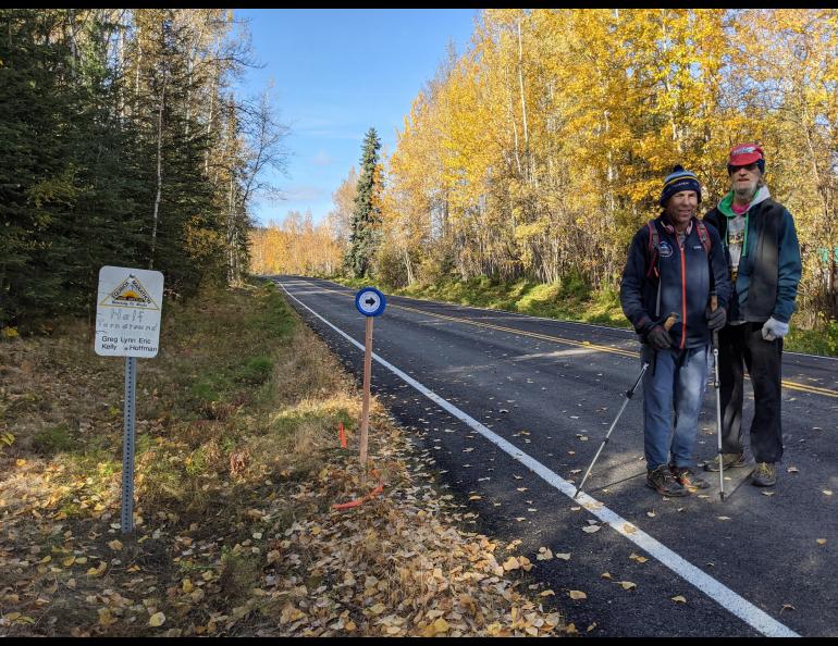 Dave Covey and Andy Sterns at the turnaround point of the Equinox half-marathon in September, 2021. Photo courtesy Andy Sterns.