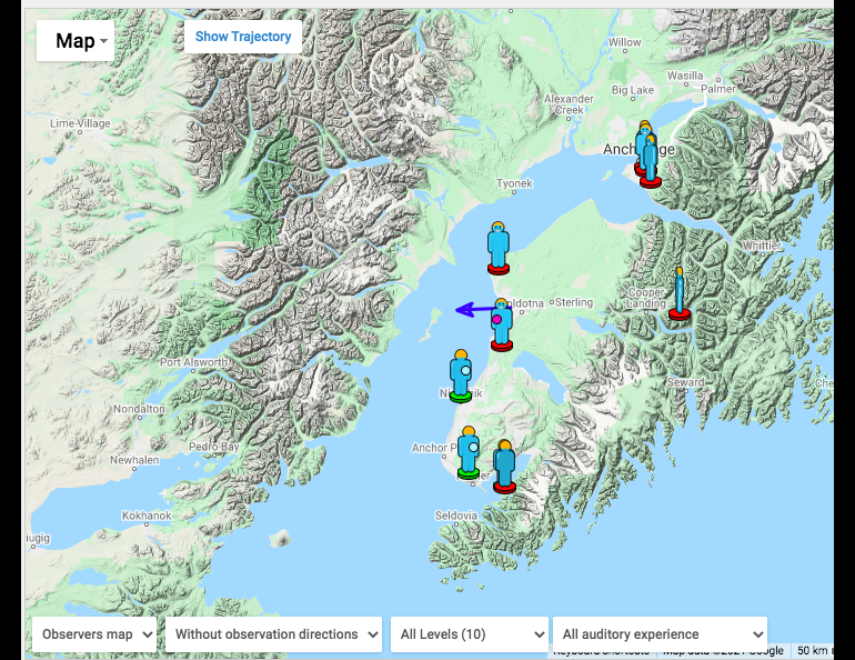 A screenshot of a website created for the American Meteor Society showing reports from Alaska residents about a fireball that exploded above Alaska on Sept. 30, 2021. The blue arrow is the estimated direction of the fireball. https://fireball.amsmeteors.org/members/imo_view/event/2021/6133