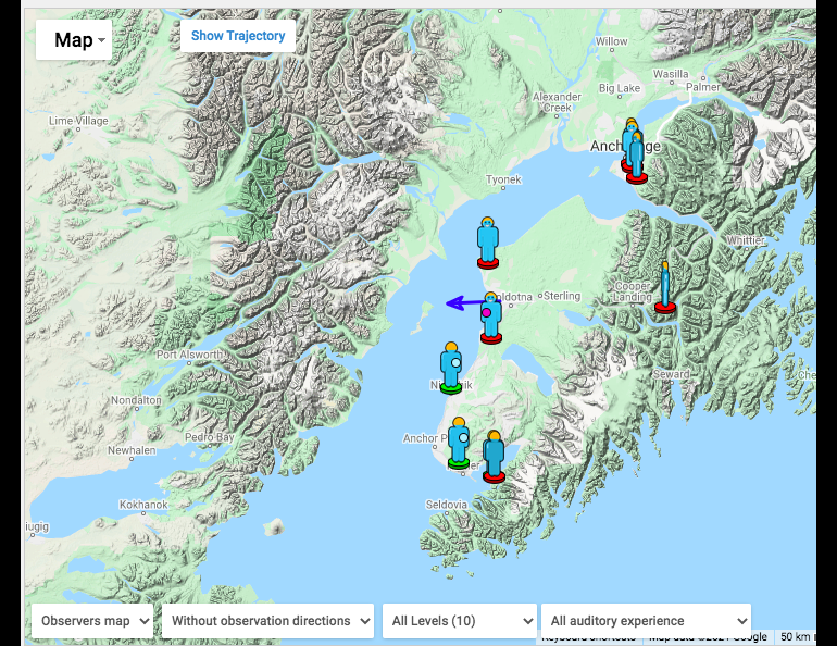 A screenshot of a website created for the American Meteor Society showing reports from Alaska residents about a fireball that exploded above Alaska on Sept. 30, 2021. The blue arrow is the estimated direction of the fireball.  https://fireball.amsmeteors.org/members/imo_view/event/2021/6133