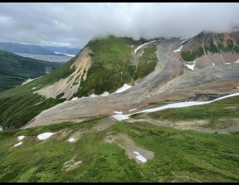 Fireweed rock glacier flows within the Fireweed Mountain massif near McCarthy. Photo by Ned Rozell in 2023.