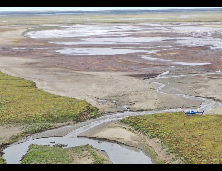 Harry Potter Lake, at the top of this drone photo, after most of its water drained into a nearby creek on Alaska’s North Slope in early July 2022. Photo by Allen Bondurant.