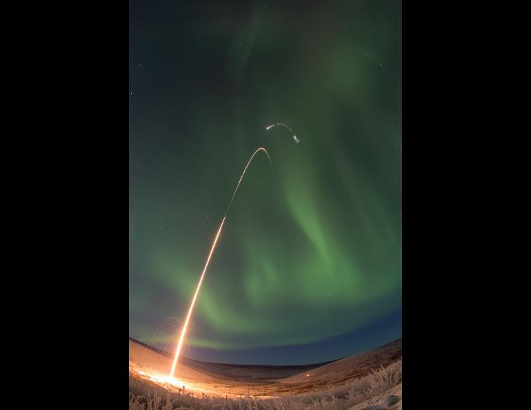 A time-lapse photo of a NASA sounding rocket taking off from Poker Flat Research Range in January, 2015. NASA photo by Jamie Adkins.
