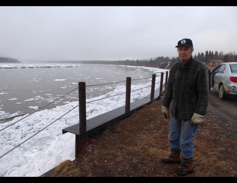 John Borg of Eagle, Alaska, looks out on the Yukon River on May 7, 2022, a few hours after the ice sheet broke up and much of the ice moved to the shore. Photo by Ned Rozell.