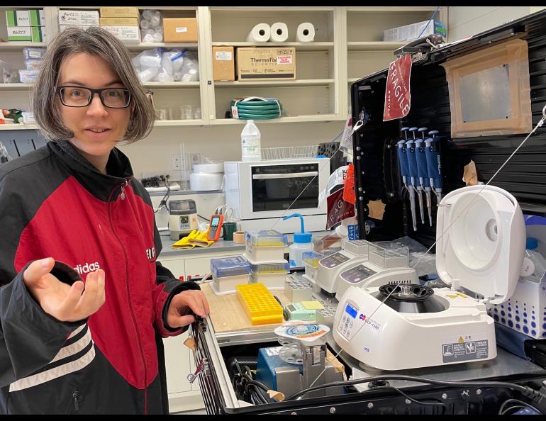 Josephine Galipon of Keio University in Japan shows a field kit she has invented for studying microorganisms in the field. She used it to study microorganisms collected by her colleague Go Iwahana from the U.S. Army’s Permafrost Tunnel Research Facility in Fox, Alaska, recently. Photo by Ned Rozell.