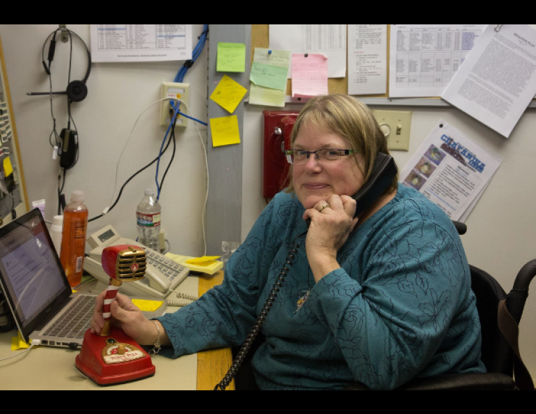 Kathe Rich at her console at Poker Flat Research Range during the launch of a rocket many years ago. Photo courtesy of Bob Valdez.
