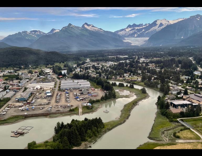 Juneau residences and businesses occupy the Mendenhall Glacier valley downstream from the freshwater lake created by the glacier. As the glacier retreats up the valley, its connection to the lake has grown more tenuous. Photo by Ned Rozell.