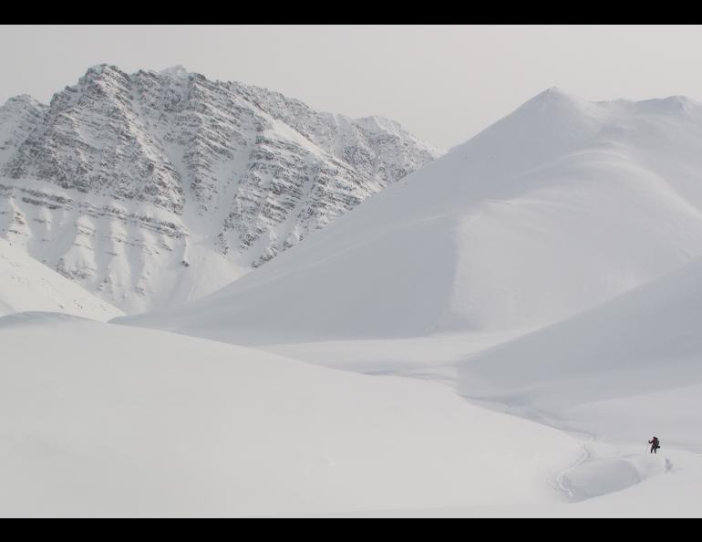 Michael Gibson skis through deep powder in the Brooks Range. Photo by Ned Rozell.