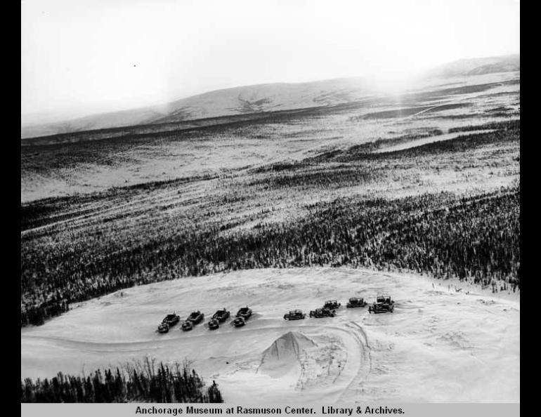 Bulldozers and scrapers sit on the gravel pad at Prospect Creek Camp during its construction in 1970. Photo by Steve McCutcheon, Steve McCutcheon Collection, Anchorage Museum at Rasmuson Center.