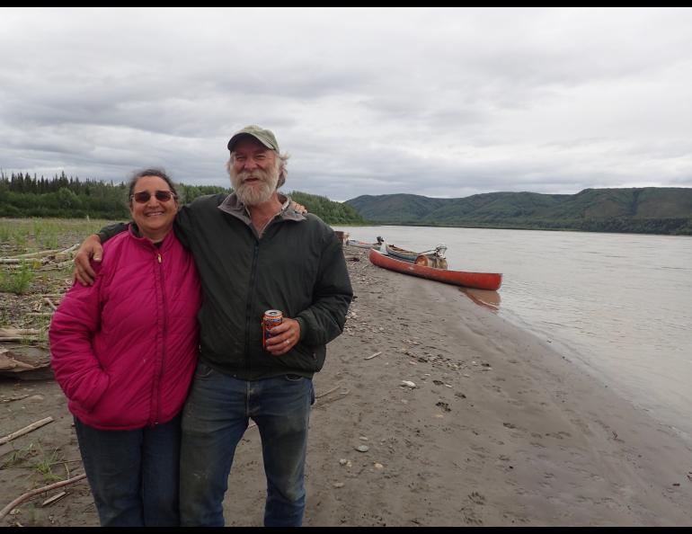 Randy Brown and his wife, Karen Kallen-Brown, at their fish camp on the Yukon River in July 2018. Photo by Ned Rozell. 