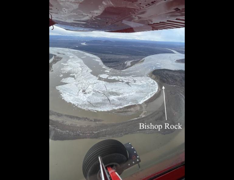Bishop Rock juts into the Yukon River in this photo taken by a National Weather Service observer on May 12, 2024. Photo courtesy National Weather Service.