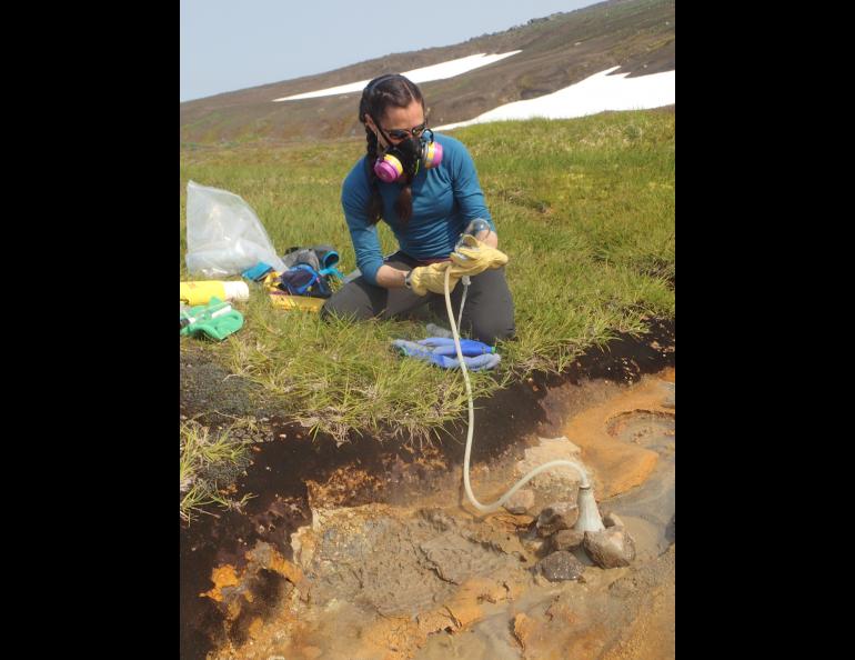 Taryn Lopez samples gases from Korovin Volcano on Atka Island in summer 2019.