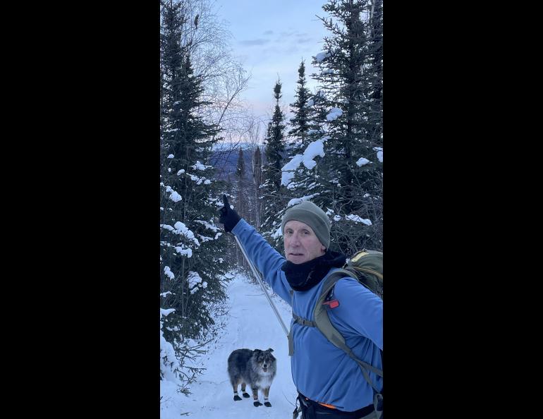 Ken Geiser of Fairbanks points to a live marten he saw clinging to the top of a birch tree off the Elliot Highway in December 2025. Photo by Ned Rozell.